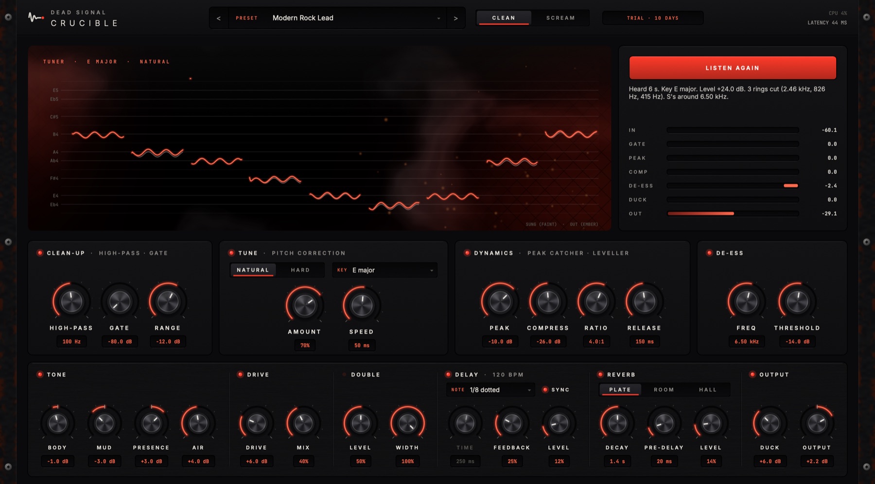 The Crucible vocal plugin: a pitch graph of the sung notes, the LISTEN summary and meters, and the chain's modules below