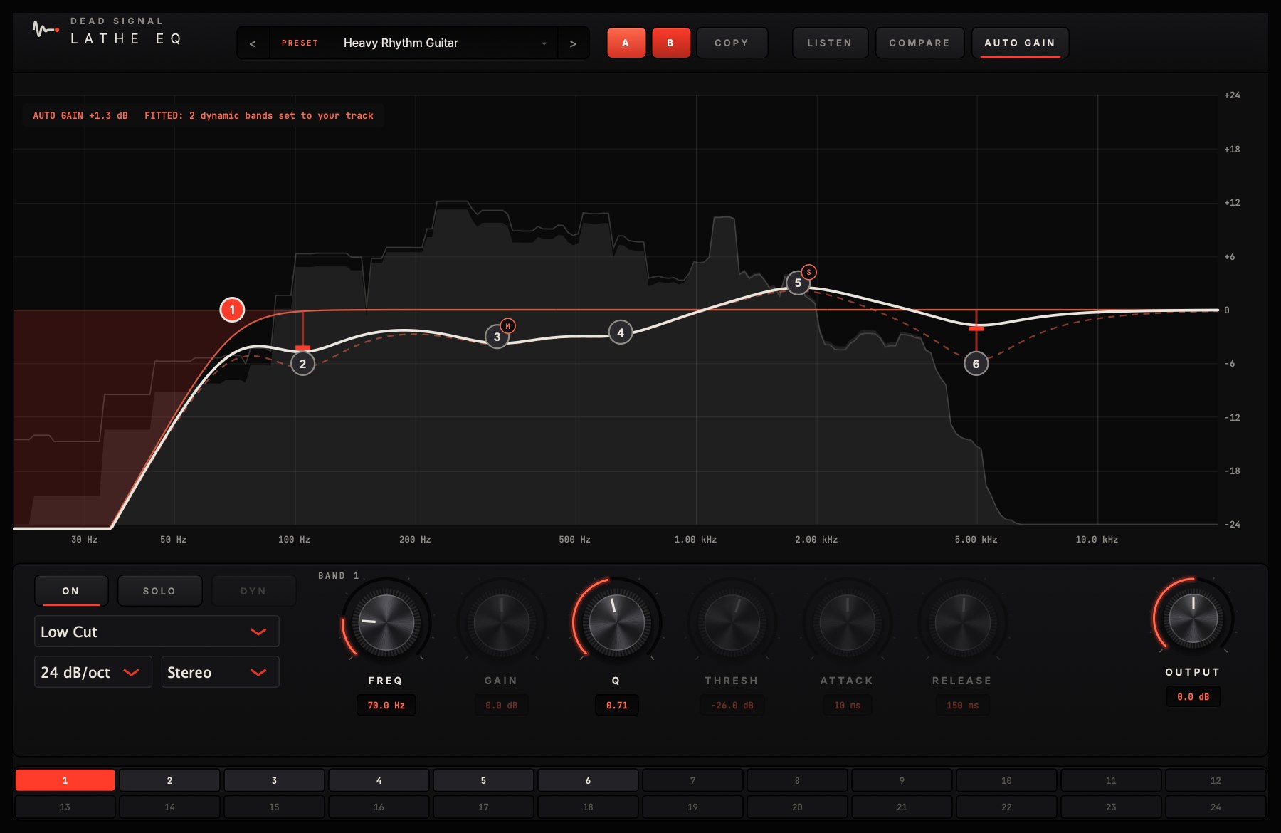 The Lathe EQ plugin: a live spectrum with the EQ curve on top, six bands set for a heavy rhythm guitar, two of them fitted to the track by LISTEN
