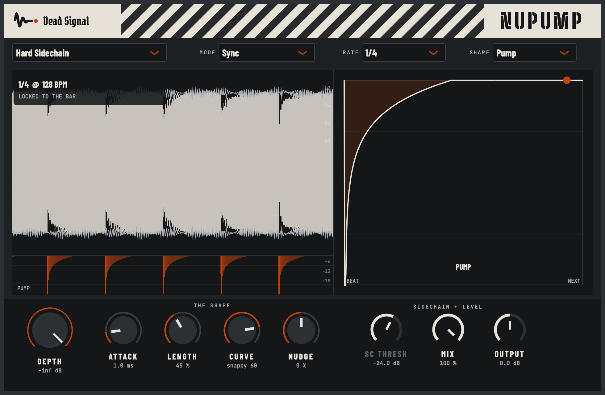 The NuPump panel: a scrolling waveform with an orange pump lane under it, a live one-beat shape with a dot riding it, and eight knobs below.