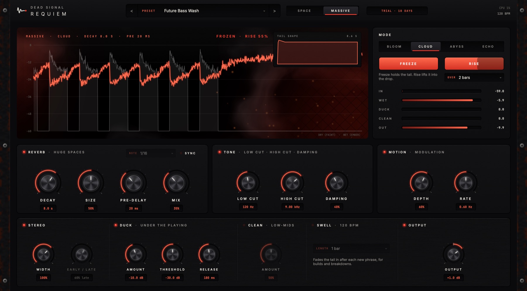 The Requiem reverb in MASSIVE mode: a live picture of the tail with the dry playing, the FREEZE and RISE buttons, and the reverb, tone, motion, duck and clean modules